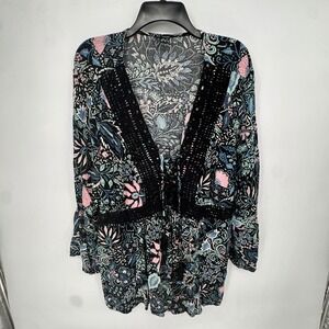 Torrid Womens Plus Size 1 Black Floral Paisley Crochet Lace Up Peplum Blouse